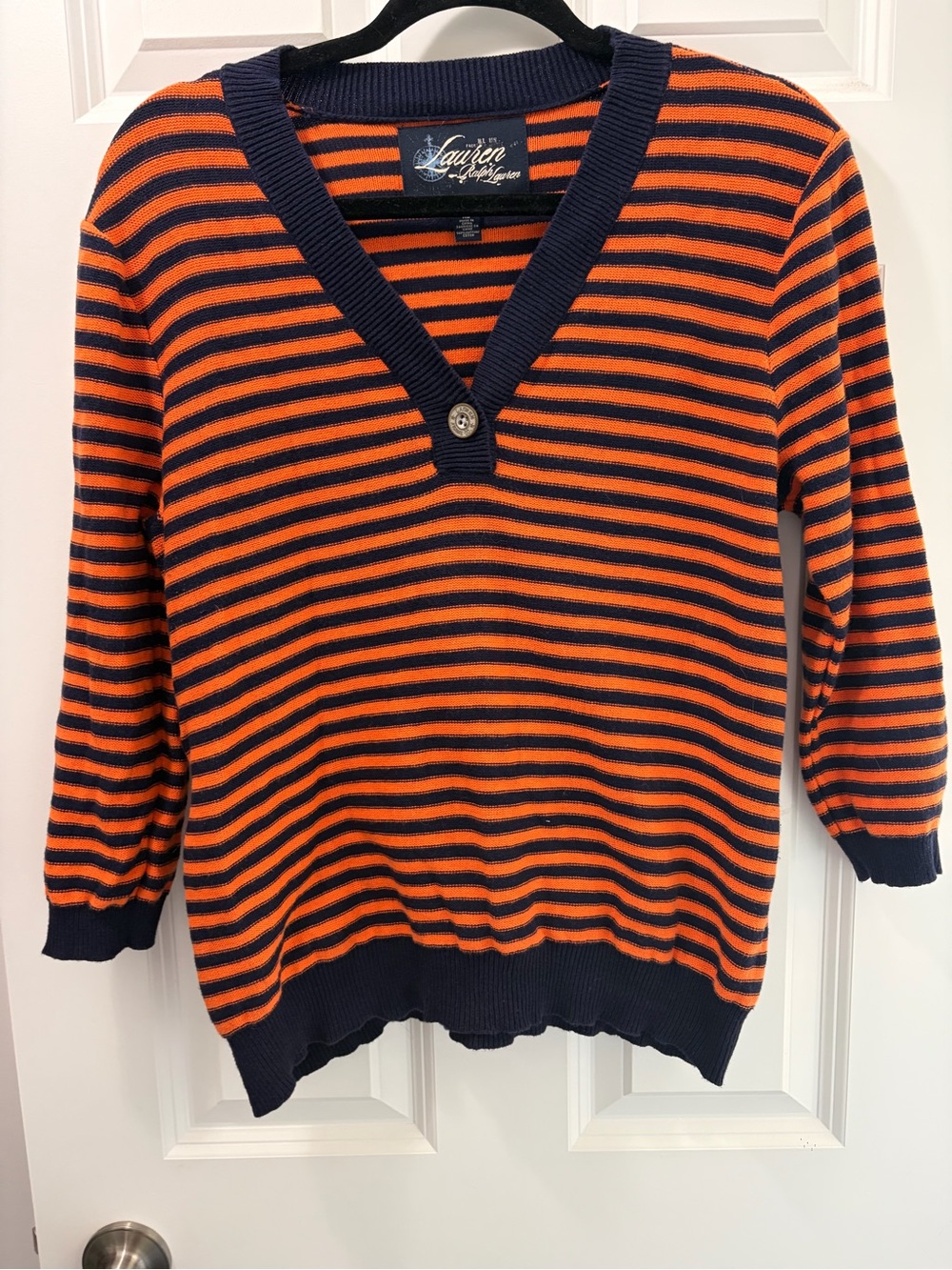 Ralph Lauren 100% Cotton Orange and Navy Striped V-Neck Sweater